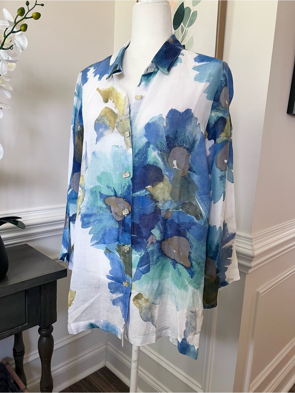 NWT Habitat Lagenlook 2 Pc. Button-Front Top with Tank Watercolor Linen Blend LG - Picture 9 of 15